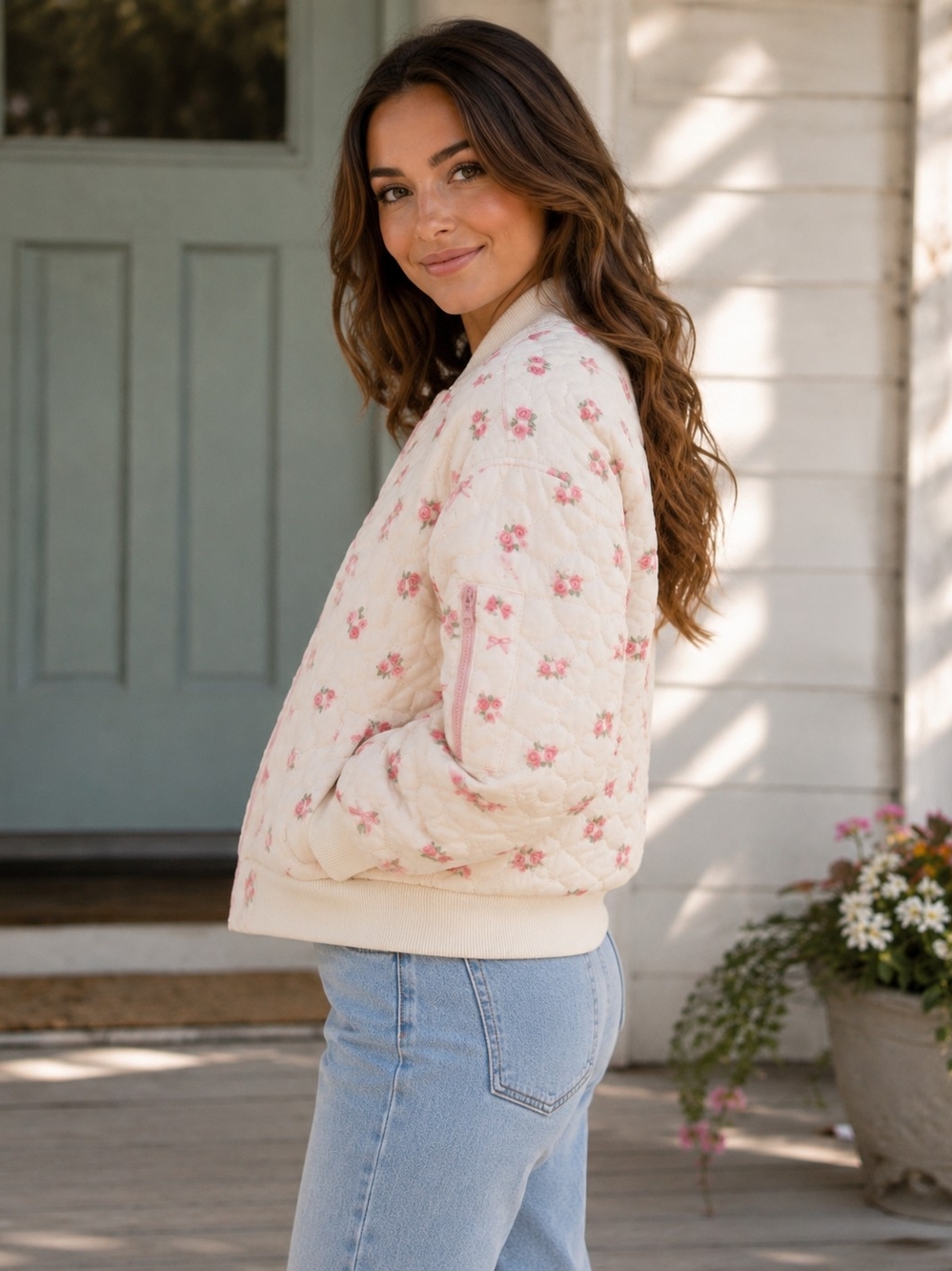 New Me Cream Quilted Floral Rose Bow Bomber Jacket Small NWT - Picture 2 of 4